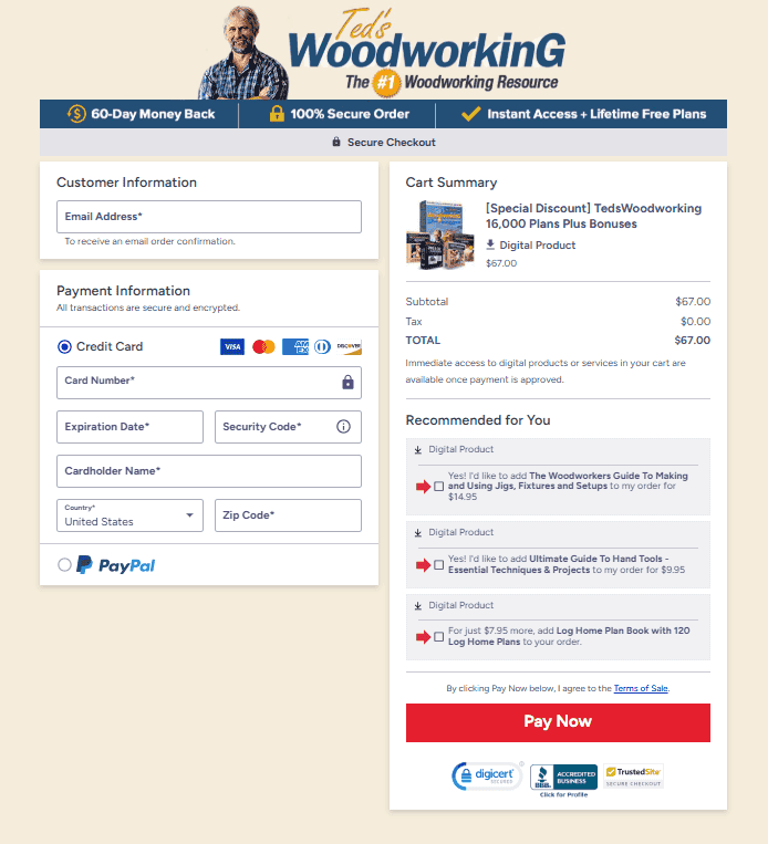 Ted’s Woodworking secure checkout page with payment options and order summary